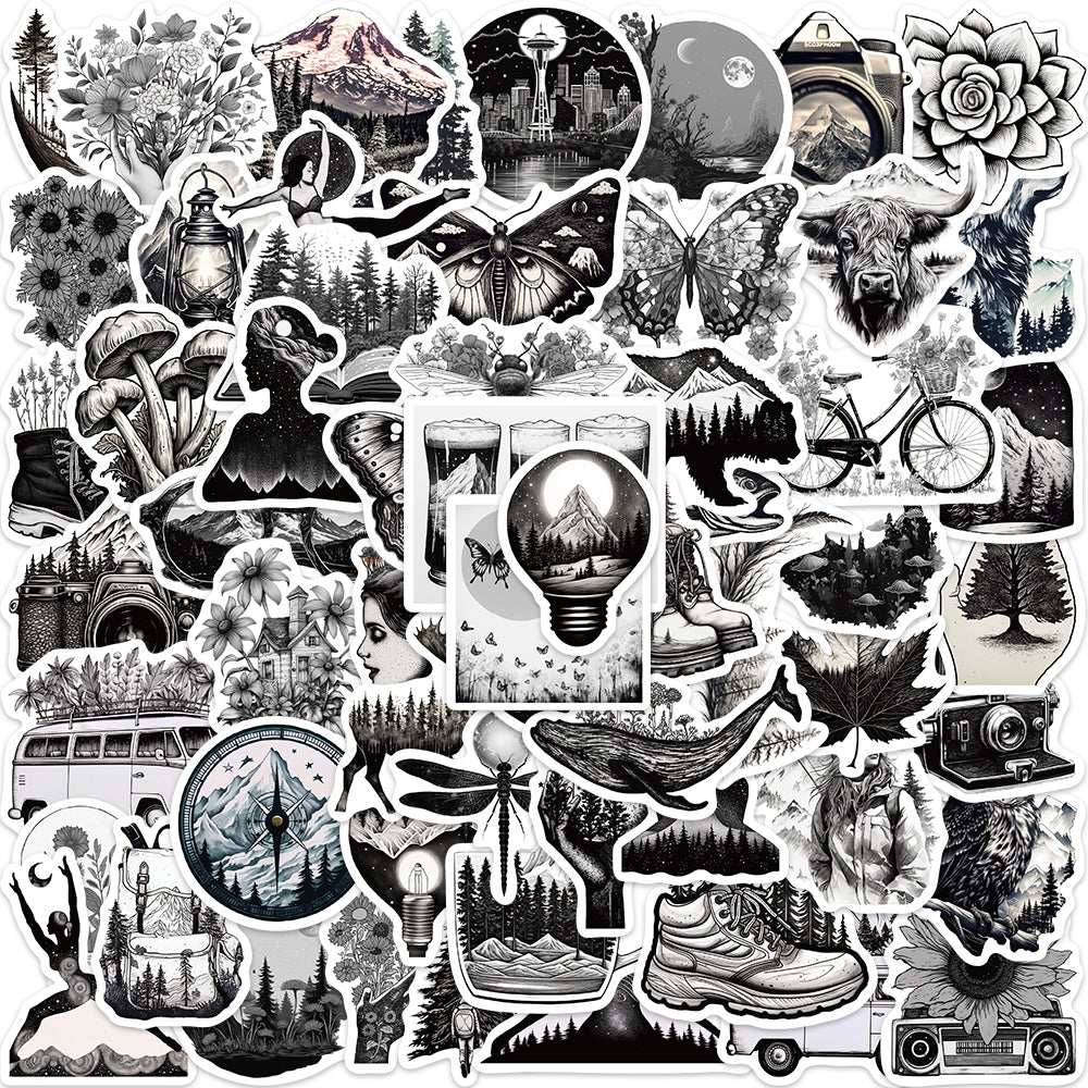 60pcs Black & White Nature Illustration Stickers