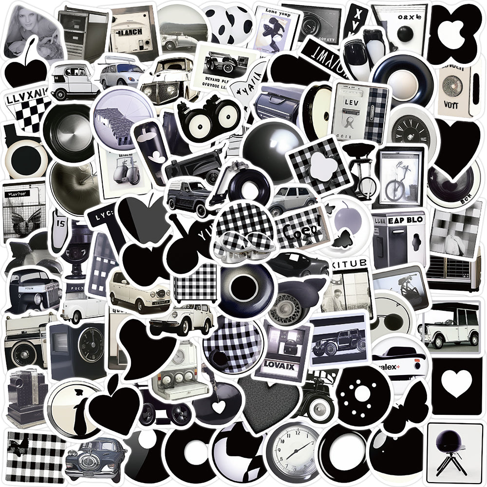 100pcs INS Black & White Goods Car Heart Stickers