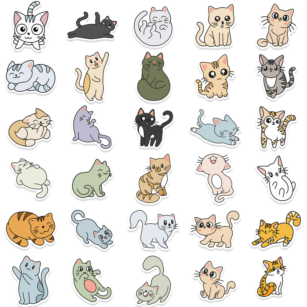 60pcs Cartoon Cats Stickers Cute Animals Waterproof