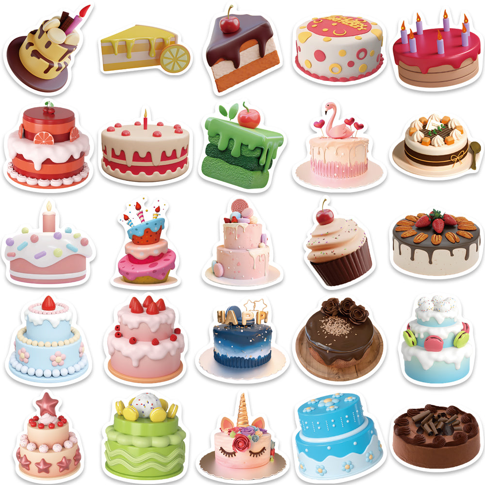 50pcs 3D Birthday Cake Stickers Happy Birthday Dessert