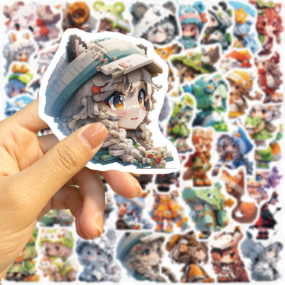 50pcs Pixel Cute Animal Anime Cartoon Girl Stickers