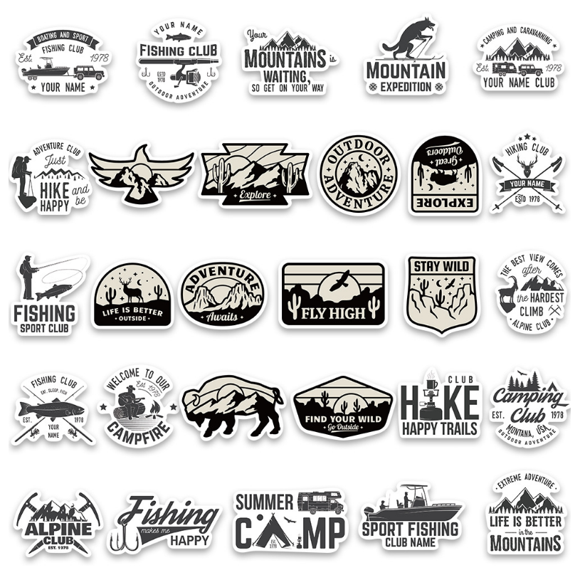 56pcs Outdoors Sports Stickers Camping Black & White Style