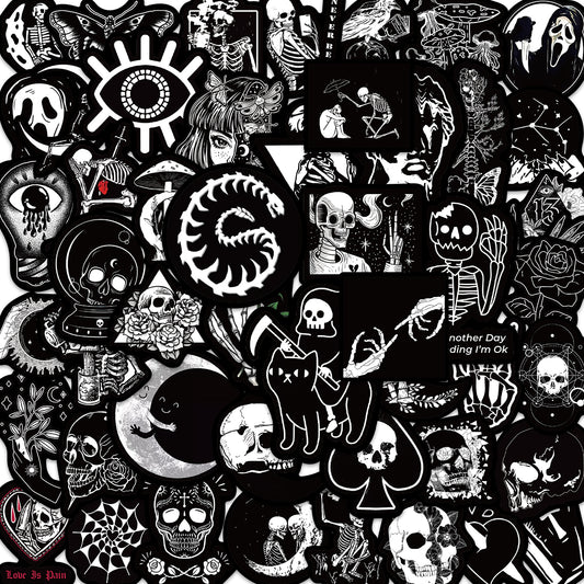 50pcs Gothic Black & White Style Horror Halloween Skull Stickers