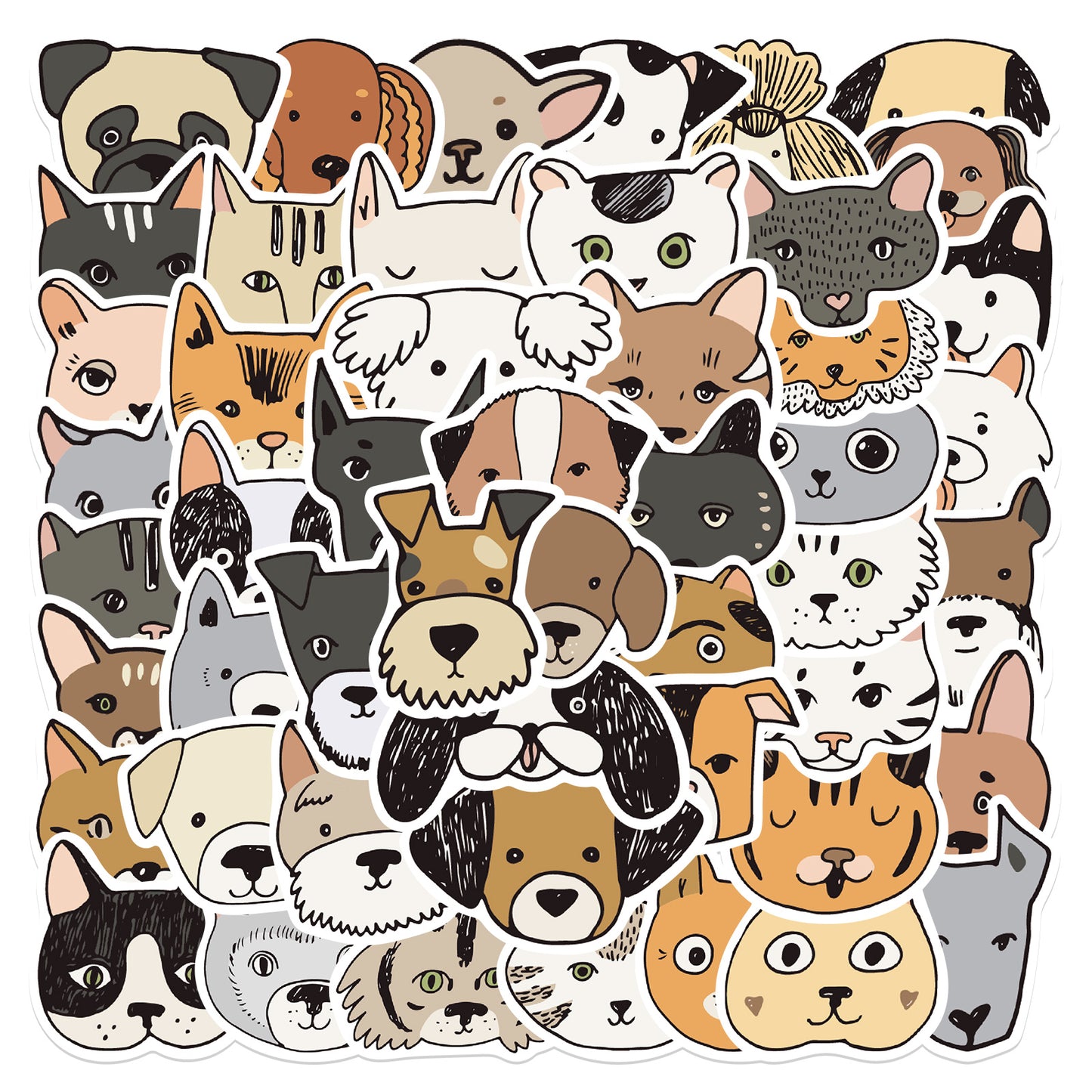 50pcs Cartoon Cat Dog Stickers Cute Animals Simple Paint