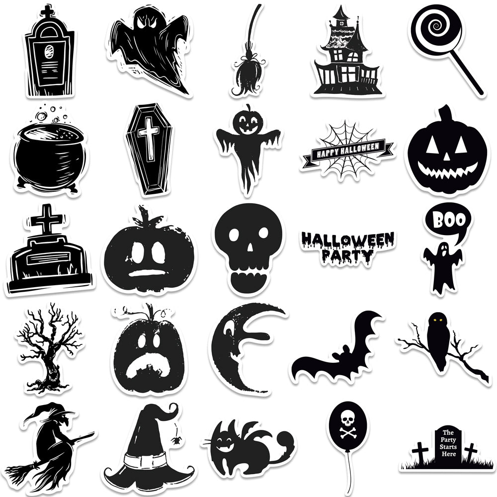 50pcs Black & White Theme Halloween Stickers Horror Style Happy Halloween