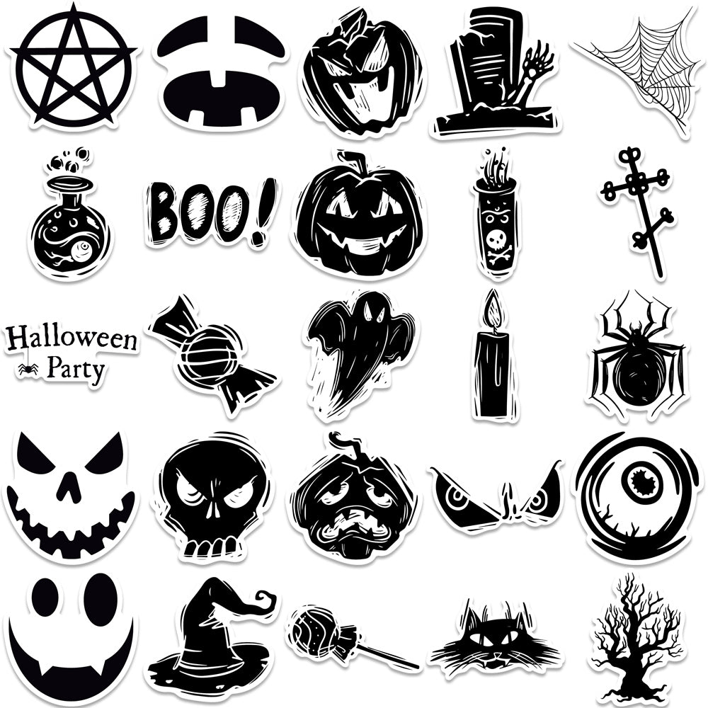 50pcs Black & White Theme Halloween Stickers Horror Style Happy Halloween