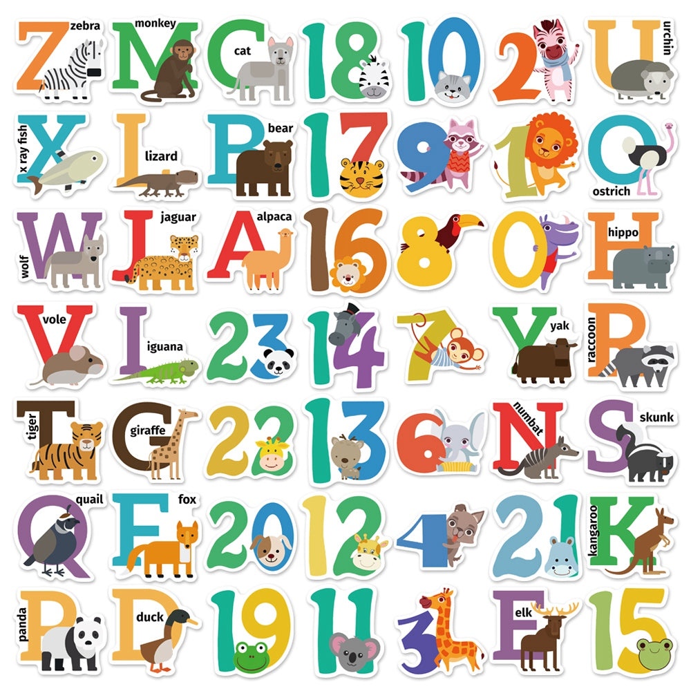 50pcs Animals Alphabet Numbers Stickers