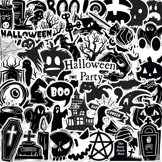 50pcs Black & White Theme Halloween Stickers Horror Style Happy Halloween