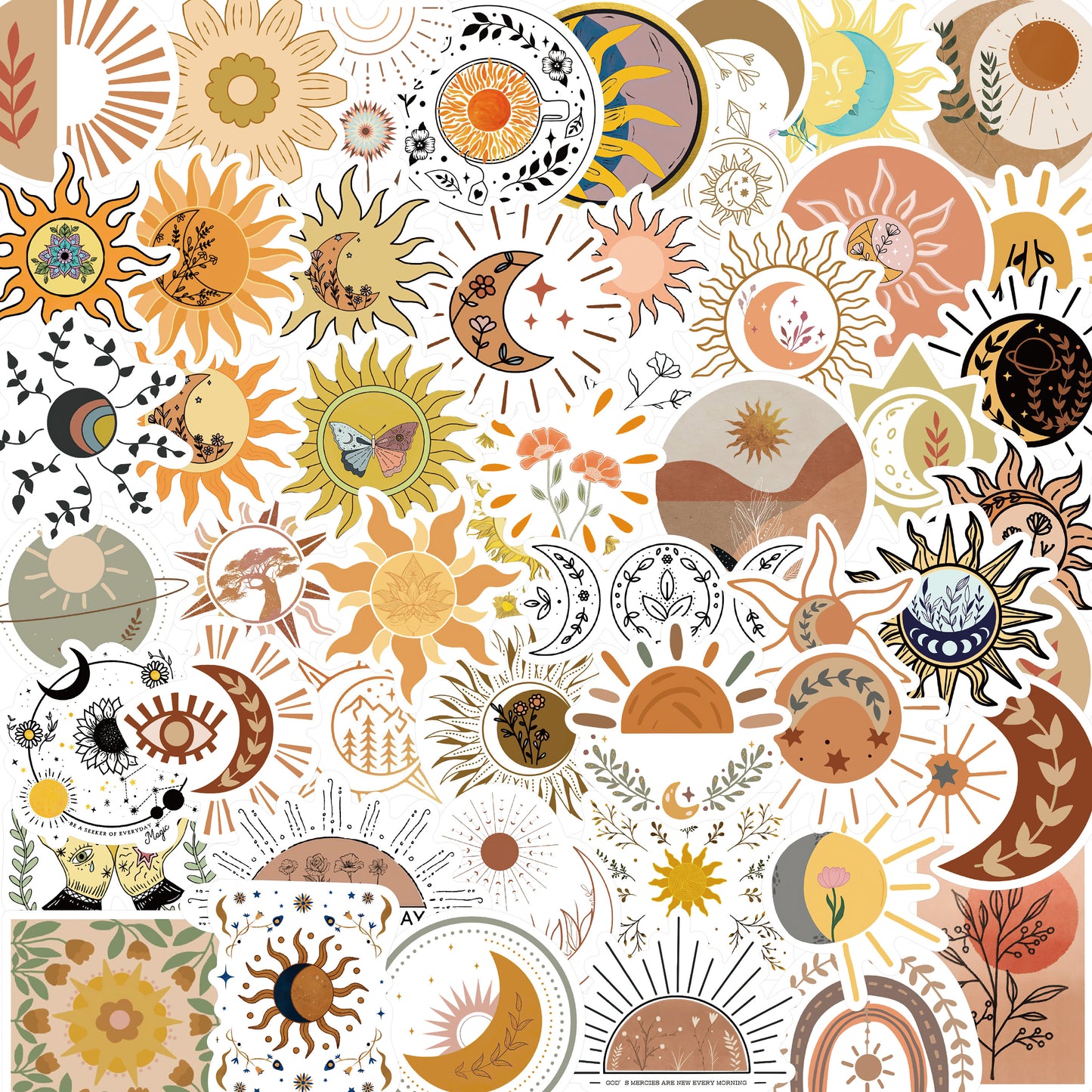 50pcs Sun & Moon Mystical Flowers Stickers